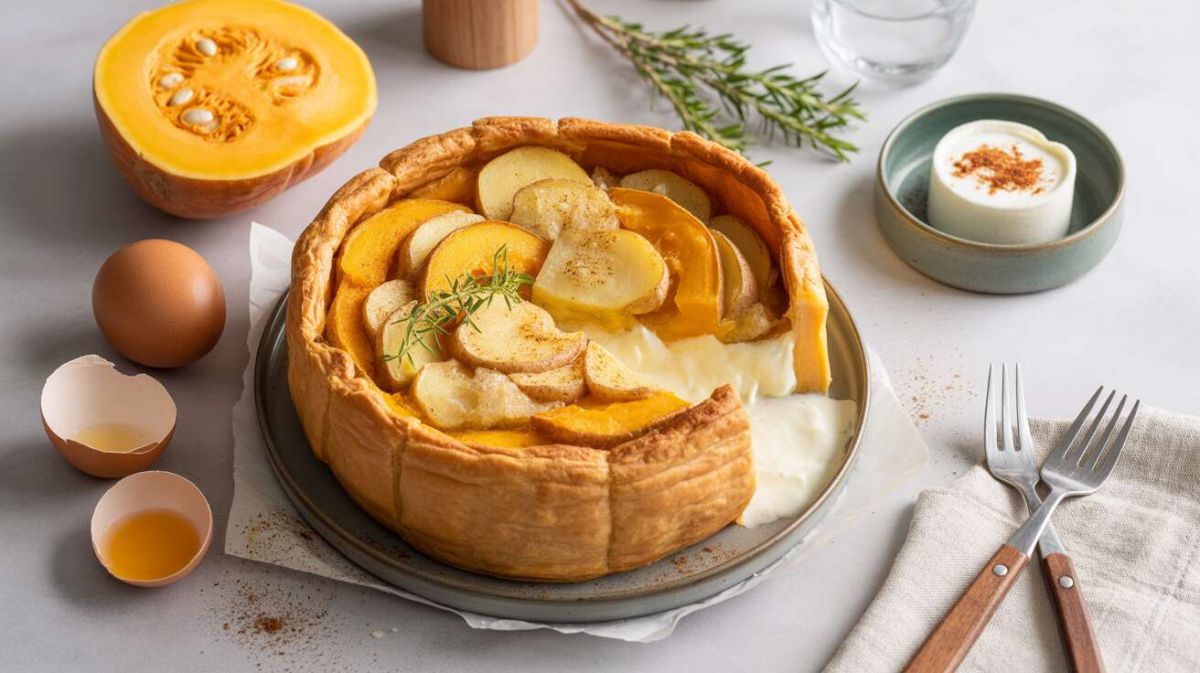 Tourte au potiron, pommes de terre et fromage à raclette