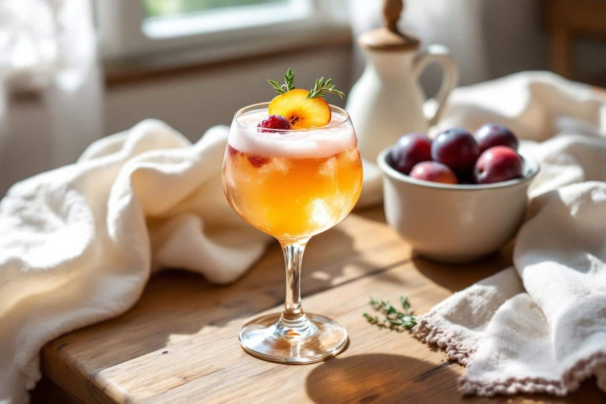 Goûtez l'originalité du Bellini prune-muscat pétillant