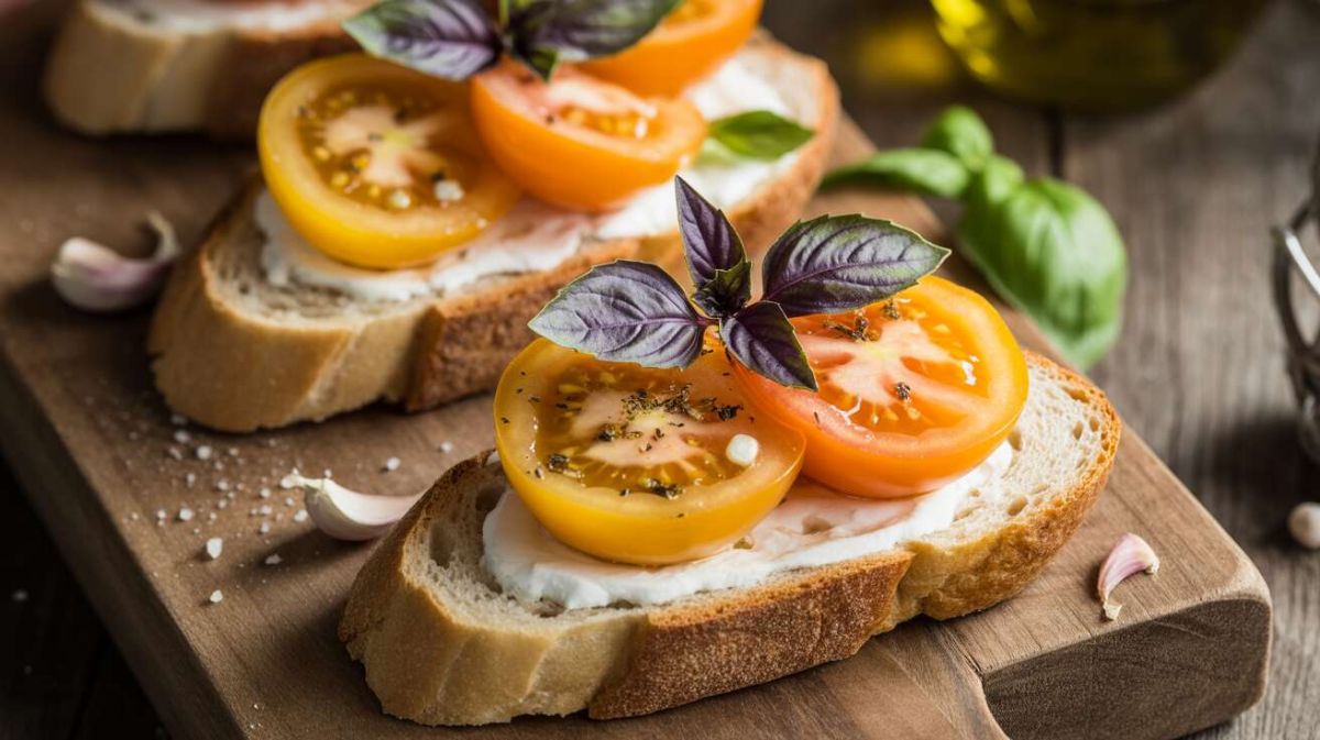 Savourez des bruschettas légères aux tomates jaunes et basilic pourpre