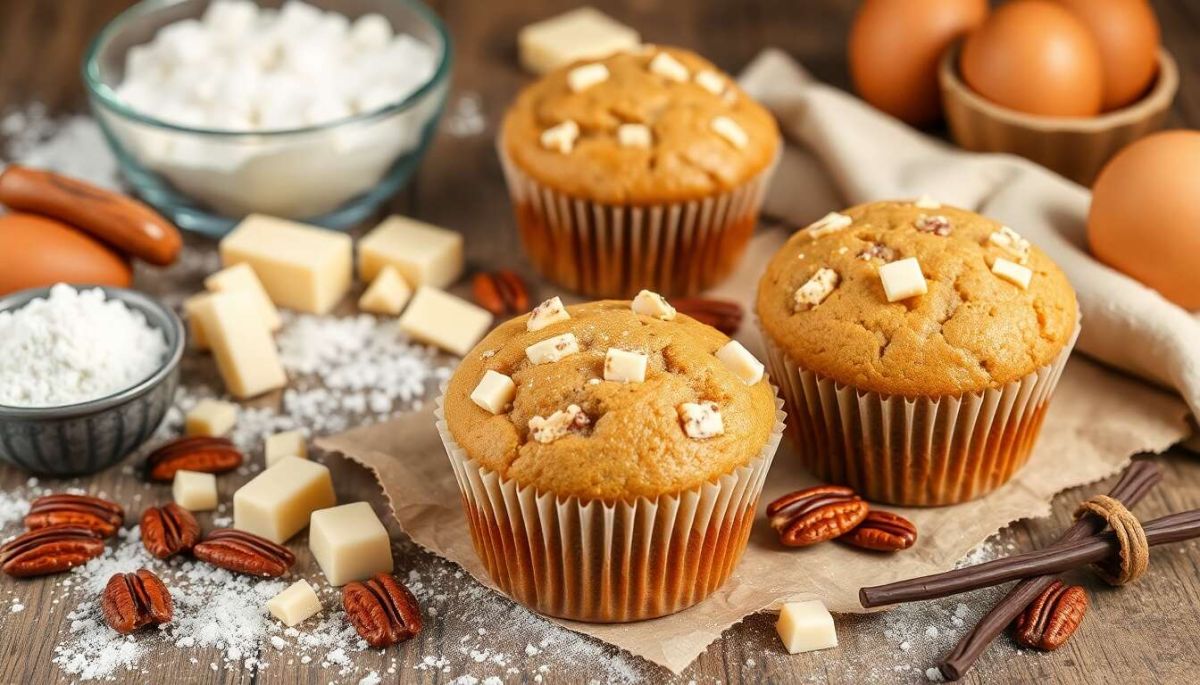 Muffins gourmands au chocolat blanc et noix de pécan caramélisées